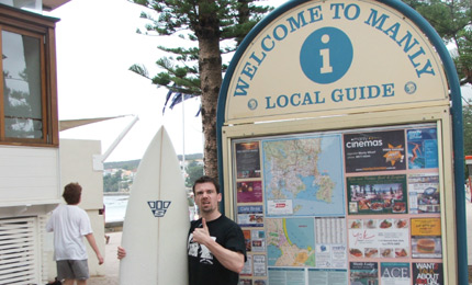 Scary. Honeymoon boy Nick Bateson picks up his new Simon Anderson shortboard in Manly, NSW. Lovely evening beachie just 50 yards from here. Pic: M, 07