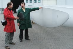 Chris Sperring interviewing John Rimmer from Vestas Blades - next to some 40 metre Wind Turbine Blades.