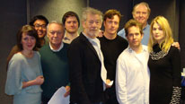 The cast of Goldfinger (left to right) Lisa Dillon, Jon David Yu, Nigel Anthony, Kyle Soller, Ian McKellen, Toby Stephens, Tom Hollander, Tim Pigott-Smith and Rosamund Pike