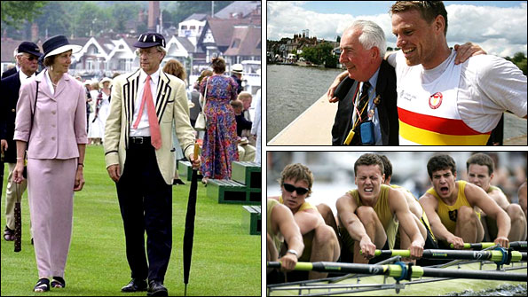 Clockwise from left: Henley spectators; Alan Campbell with coach Bill Barry, Hampton School eight