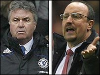 利物浦教练贝尼特斯和切尔西主帅希丁克