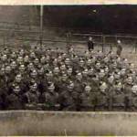 A Home Guard Unit assembled on the Spion Cop at Sheffield Wednesday Football Club ground at Hillsborough, Sheffield in 1943 during World War II.
