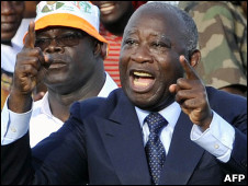 Ivory Coast's incumbent President and Front Populaire Ivoirien (FPI) party candidate, Laurent Gbagbo in the upcoming presidential elections gestures during a campaign rally in Gagnoa.