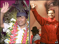 Evo Morales (esq.) e Jorge Quiroga disputam as eleições na Bolívia