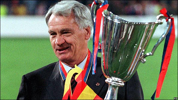 Sir Bobby Robson celebrates winning the European Cup Winners' Cup with Barcelona