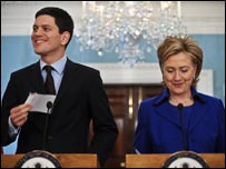 US Secretary of State Hillary Clinton and British Foreign Secretary David Miliband