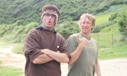 On surfari. BBC Wales Surf Producer Martin Aaron and Mark