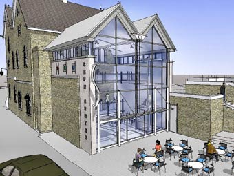 Cynllun pensaernïol o'r adeilad wedi ei gwblhau. (Llun: Cyngor Bwrdeistref Sirol Wrecsam).