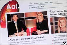 AOL website showing a story about its takeover of the Huffington Post