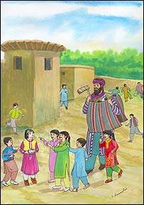 بنجاره والا برای کودکان تحفه می دهد.