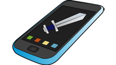 Teléfono inteligente con una espada medieval en la pantalla