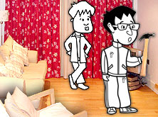 Khalid holding a hammer and Tim in the living room