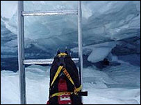 Crossing a crevice on a ladder