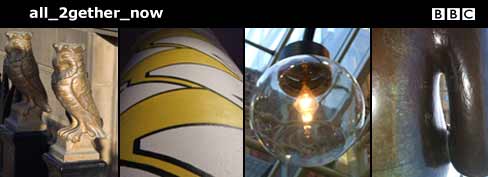 4 images: owls, a pillar, a lamp, part of a metal sculpture