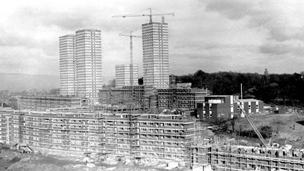 Black and white view of Balgrayhill Housing Estate under construction.