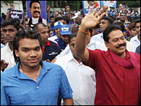 President Rajapaksa (R) with Namal Rajapaksa, MP in May Day rally