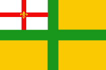 Lincolnshire flag - Design 3 A green cross on a gold background with the City of Lincoln coat of arms in the top left corner.