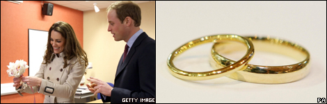 a pair of golden rings and a photo of Prince William and Kate Middleton with a bunch of wedding flowers