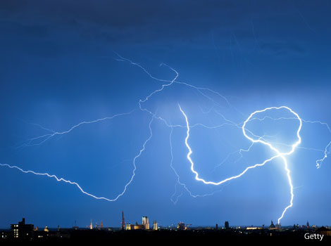 A thunderbolt lights up the sky above Munich, Germany.