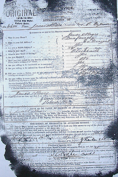 Jim Moore's grandfather James lied in this paper about his age. He was not 39, but 49, when he signed up. Photo courtesy of Jim Moore.
