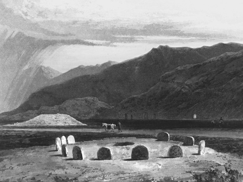 Black and white engraving of Temple Wood stone circle, showing eleven short vertical slabs aranged around a central hollow. To the rear is a taller mound or cairn with high hills behind.