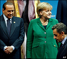Italy PM Silvio Berlusconi, German Chancellor Angela Merkel and French President Nicolas Sarkozy at G20 in Seoul, 12 Nov 10