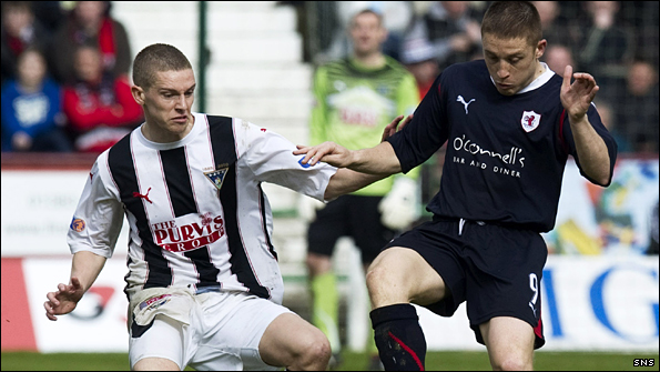 Callum Woods (left) closes in on Raith Rovers' John Baird 