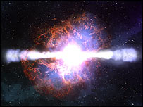 برداشت هنرمند از انفجار اشعه گاما، ناسا/جی اس اف سی/دانا بری