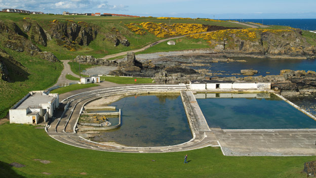 Abandoned art-deco outdoor swimming pool at Tarlair.