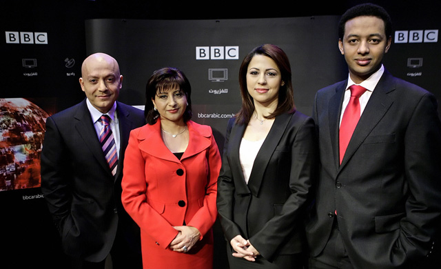 BBC Arabic Television presenters Tony El-Khoury (left), Lina Musharbash (2nd left), Fida Bassil (2nd right) and Osman Ayfarah (right) in March 2008.