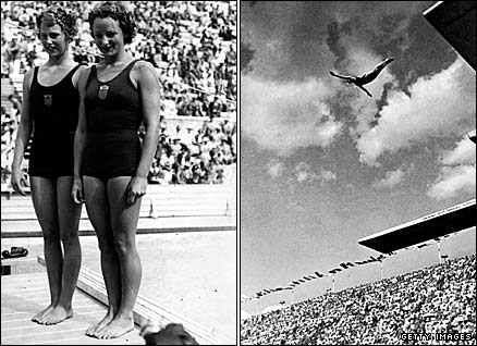 (l-r) 3m springboard runner-up Katy Rawls, 13-year-old champion Marjorie Gestring and a diver competing at the outdoor pool at the 1936 Berlin Olympics 
