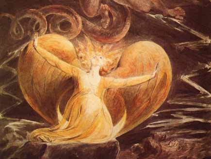 Detail from a watercolour painting by William Blake showing the tail and legs of a red demonic monster flying over a pregnant woman. The woman is clothed in gold and seems to glow, with an impression of angel wings behind her, and is holding out her hands as though driving back the darkness