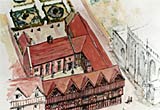Illustration showing a reconstruction of New Place, which Shakespeare bought in early 1597. It was the second biggest house in Stratford