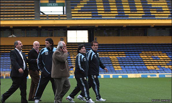 Argentina coach Diego Maradona inspects the Rosario stadium