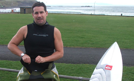 The Gaffer. Andy Hill gears up for some late winter surfage at his home Port breaks. 6 times and Irish champ, and still charging hard. Pic: M, Feb 07