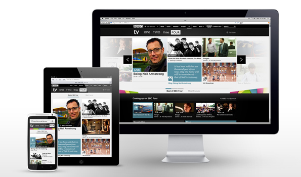 Picture of BBC Four homepage on a smarphone, tablet, and wide desktop monitor