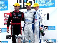 BTCC Race Three podium Mat Jackson, Adam Jones and Fabrizio Giovanardi.