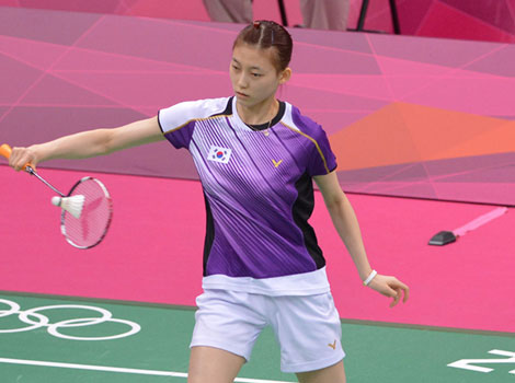 South Korea's Kim Ha Na plays a shot in the women's double badminton match