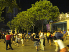 Chinese senior citizens dancing in a Shanghai park