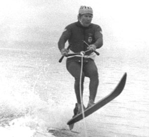 Chas Phipps water skiing on the Severn