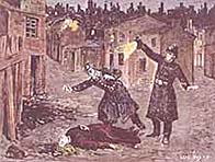 Artists impression showing a victim of Jack the Ripper lying in the street