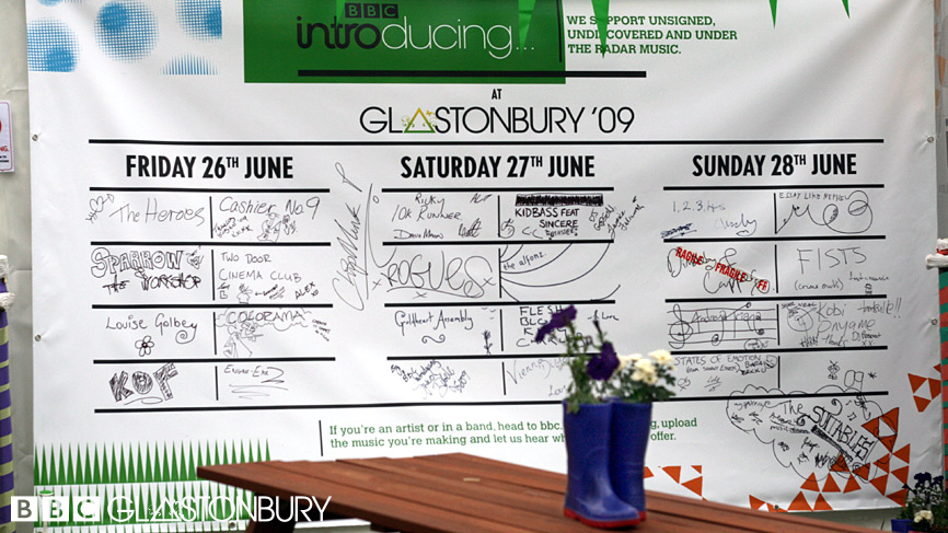 A banner signed by every band performing on the BBC Introducing stage at Glastonbury 2009