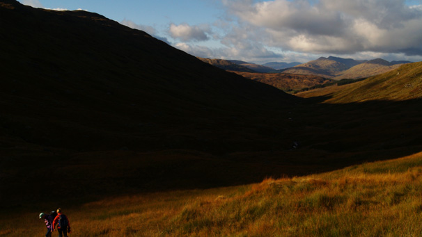 Climbers descending into the boggy Coire Earb, below An Caisteal.