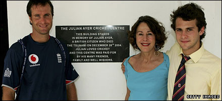 Spencer Crawley and mother Harriet meet Michael Vaughan at the opening of a cricket centre dedicated to Crawleys step-father