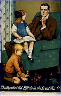 Young daughter asks pensive-looking father: 'Daddy, what did you do in the Great War'.