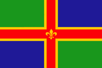 Lincolnshire flag design 2 - A red crossand Fleur De Lys on a gold cross with a quartered background of green and blue.