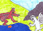 Y ddwy ddraig yn ymladd