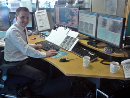 Matt Taylor at the Duty Forecaster's desk, BBC Weather Centre