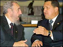 O líder cubano Fidel Castro e o presidente da Venezuela, Hugo Chávez 
