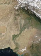 Satellite image of Indus river basin with modern international boundaries marked